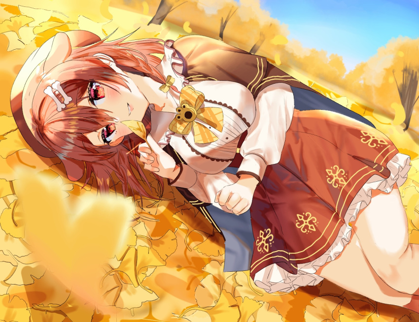1girl animal_ears autumn_leaves beret blush bone_hair_ornament bow bowtie braid breasts brown_cloak brown_hair cloak commentary day dog_ears eyebrows_visible_through_hair hair_between_eyes hat holding holding_leaf hololive inugami_korone jinbei_(user_tpny4757) leaf lips looking_at_viewer lying medium_breasts medium_hair miniskirt on_side outdoors plaid_neckwear red_eyes red_headwear red_skirt shirt side_braids skirt smile solo thighs tree twin_braids virtual_youtuber white_shirt yellow_neckwear