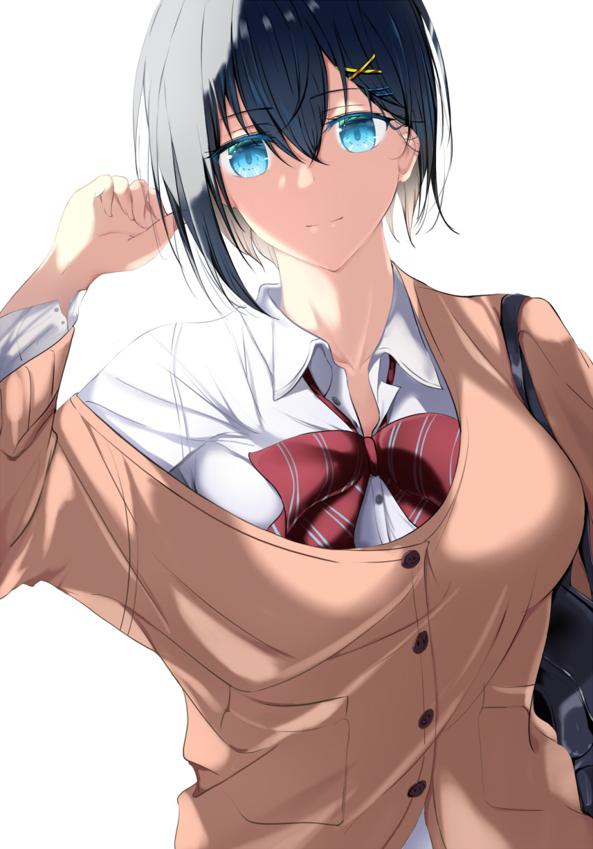 1girl bag bangs black_hair blue_eyes bow bowtie breasts cardigan dappled_sunlight dress_shirt eyebrows_visible_through_hair hair_between_eyes hair_ornament hairclip hand_up highres light_smile looking_at_viewer loose_bowtie off_shoulder original partially_unbuttoned red_neckwear school_bag school_uniform shirt short_hair shoulder_bag simple_background solo striped striped_neckwear sunlight upper_body xi_ying