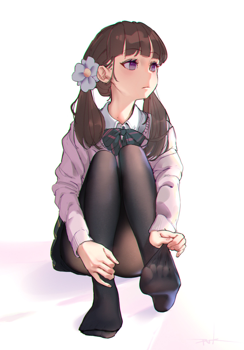 1girl black_legwear brown_hair feet highres long_hair long_sleeves miniskirt no_shoes original pantyhose puk school_uniform simple_background sitting skirt soles solo toes twintails uniform violet_eyes