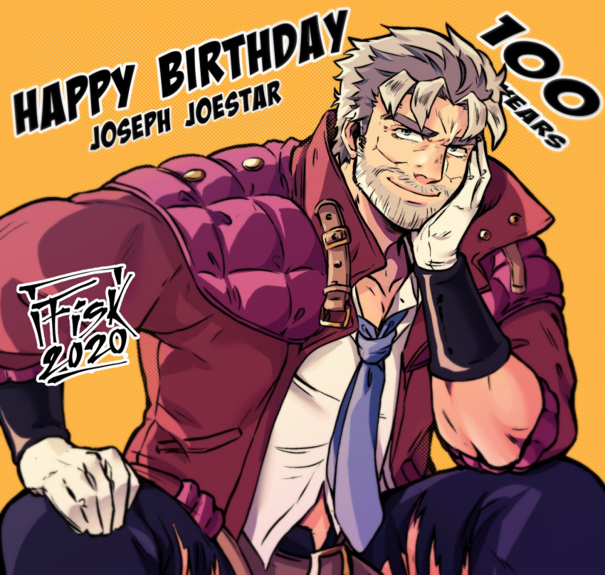 1boy bara beard character_name chest collarbone elbow_rest english_text facial_hair gloves green_eyes grey_hair happy_birthday highres impetuss jojo_no_kimyou_na_bouken joseph_joestar male_focus manly muscle mustache necktie old_man pants short_hair sitting smile solo torn_clothes torn_pants upper_body white_gloves