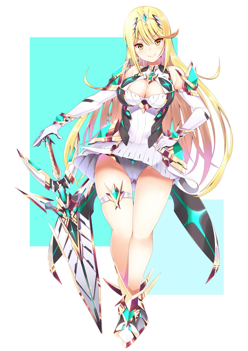 1girl blonde_hair breasts daive elbow_gloves gloves highres large_breasts mythra_(xenoblade) panties pantyshot skindentation sword thigh-highs underwear weapon xenoblade_chronicles_(series) xenoblade_chronicles_2 yellow_eyes