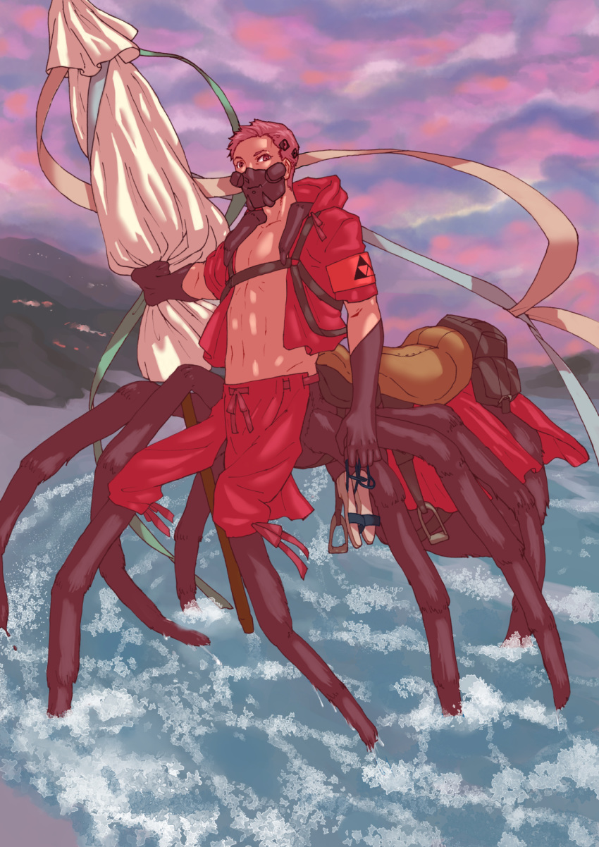 1boy armband beach_umbrella black_gloves extra_eyes gloves hachikyaku_rozunieru harness highres jacket looking_at_viewer male_focus masago_shirou mask midriff navel outdoors pink_hair pixiv_fantasia pixiv_fantasia_last_saga red_eyes red_jacket saddle shoes_removed solo spider_boy stirrups twilight umbrella wading