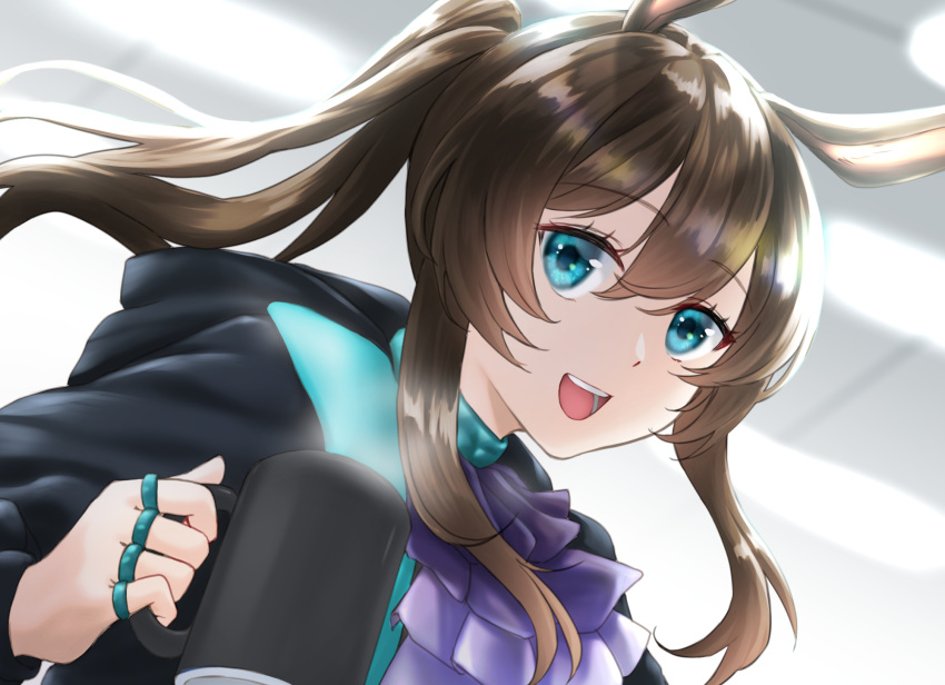 1girl :d amiya_(arknights) animal_ears anko_(an_k) arknights ascot bangs black_jacket blue_eyes blue_neckwear brown_hair commentary_request cup eyebrows_visible_through_hair hair_between_eyes highres holding holding_cup jacket jewelry long_hair looking_at_viewer mug open_mouth partial_commentary rabbit_ears ring sidelocks smile solo upper_body