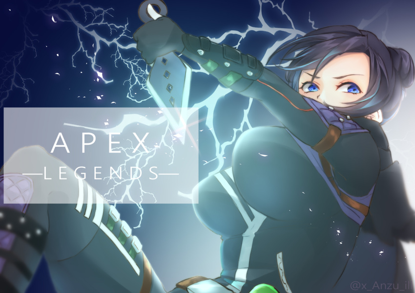 1girl anzu_(x_anzu_ill) apex_legends artist_name bangs black_hair blue_eyes bodysuit breasts copyright_name electricity floating_hair hair_behind_ear hair_bun highres holding holding_knife impossible_bodysuit impossible_clothes knife kunai looking_to_the_side medium_breasts solo v-shaped_eyebrows weapon wraith_(apex_legends)