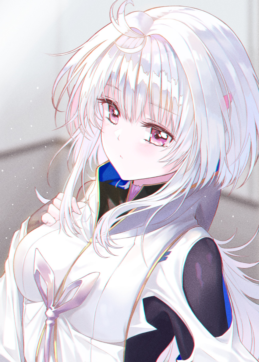 1girl absurdres ahoge bangs black_gloves blurry blurry_background blush breasts closed_mouth commentary_request depth_of_field dress eyebrows_visible_through_hair fate/grand_order_arcade fate/prototype fate_(series) fingerless_gloves gloves hair_between_eyes hair_intakes hair_ornament hairclip hand_up highres huge_filesize huyou_(awegk) indoors long_hair looking_at_viewer medium_breasts merlin_(fate/prototype) silver_hair solo upper_body very_long_hair violet_eyes white_dress