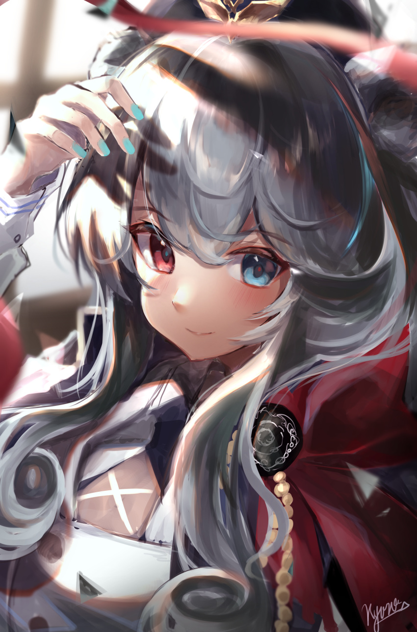 1girl absurdres arknights bangs blue_eyes blue_nails blush commentary hair_between_eyes heterochromia highres kyoro_ina long_hair looking_at_viewer nail_polish red_eyes rosa_(arknights) signature silver_hair solo upper_body