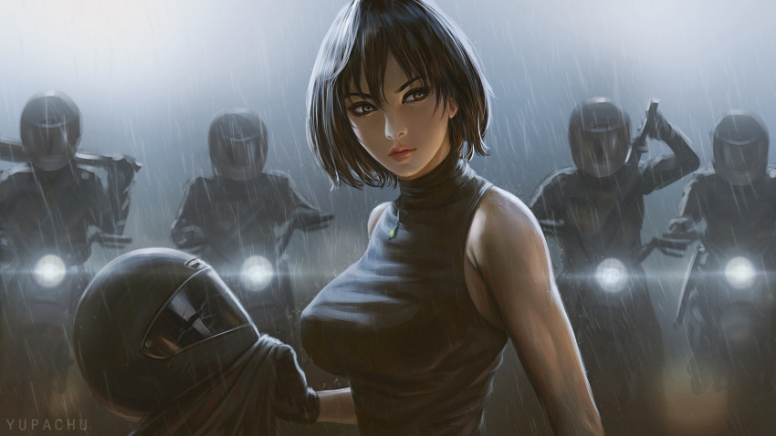 1girl bangs bare_shoulders black_gloves black_jacket breasts gloves ground_vehicle helmet highres holding holding_weapon jacket jewelry jewelry_removed large_breasts looking_to_the_side motor_vehicle motorcycle motorcycle_helmet multiple_boys necklace necklace_removed original pink_lips rain shirt short_hair sleeveless sleeveless_shirt turtleneck weapon yupachu