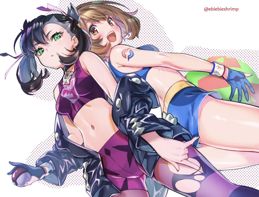 2girls :d back-to-back bare_legs black_choker black_hair black_jacket blue_gloves blue_shorts blush breasts brown_eyes brown_hair choker crop_top dutch_angle eyebrows_visible_through_hair eyelashes gloria_(pokemon) gloves green_eyes hair_ribbon holding holding_poke_ball jacket legwear_under_shorts looking_at_viewer marnie_(pokemon) medium_breasts medium_hair midriff multiple_girls navel off_shoulder open_clothes open_jacket open_mouth pantyhose poke_ball pokemon pokemon_(game) pokemon_swsh purple_legwear purple_shorts ribbon short_hair short_shorts shorts shuri_(84k) simple_background single_glove sleeveless smile tank_top thighs torn_clothes torn_legwear twitter_username white_background wristband