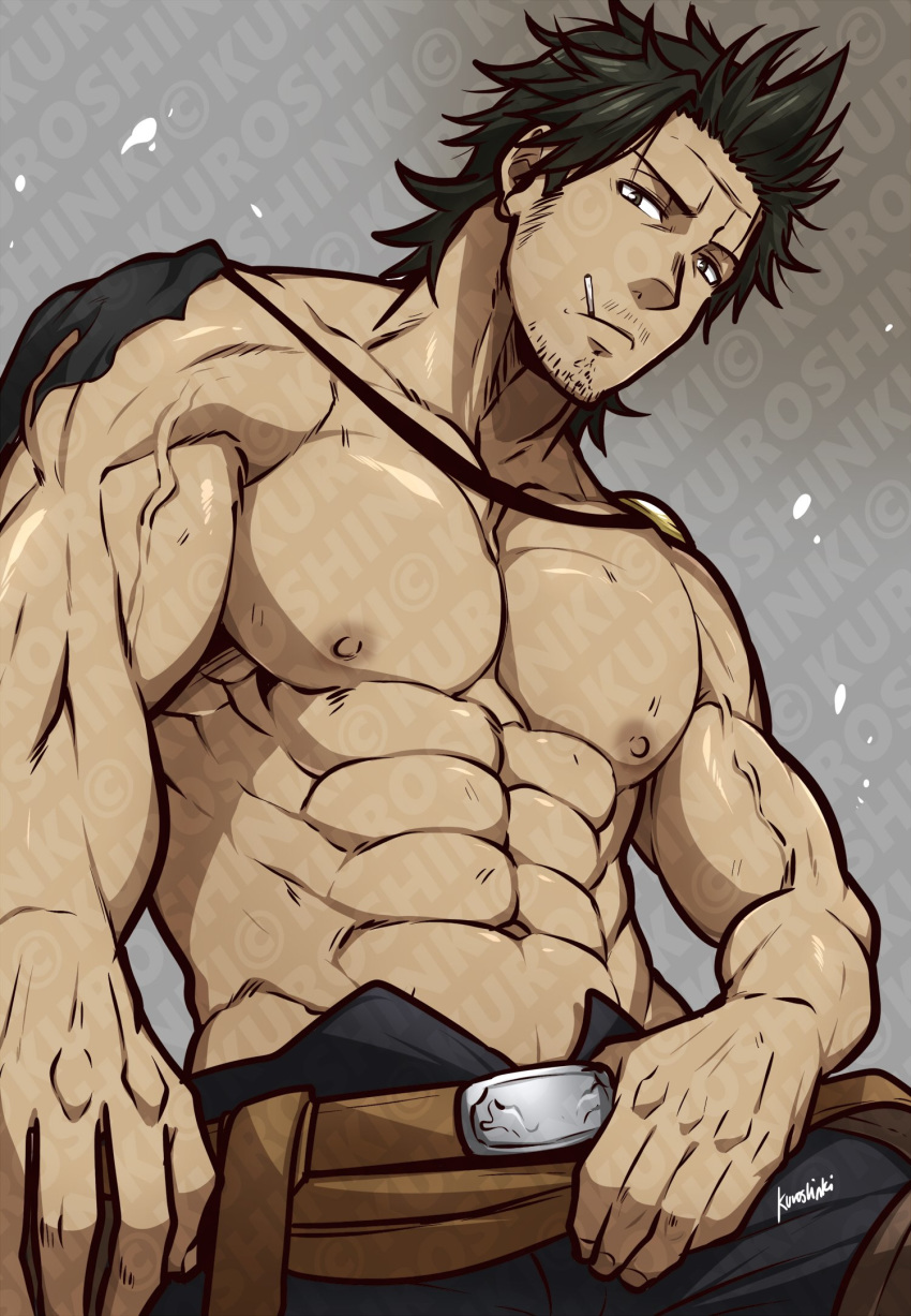 1boy abs bara bare_chest belt black_clover black_eyes black_hair bruise chest cigarette facial_hair highres injury kuroshinki male_focus manly muscle navel nipples open_pants pants shirtless short_hair sideburns solo stubble upper_body veins watermark yami_sukehiro