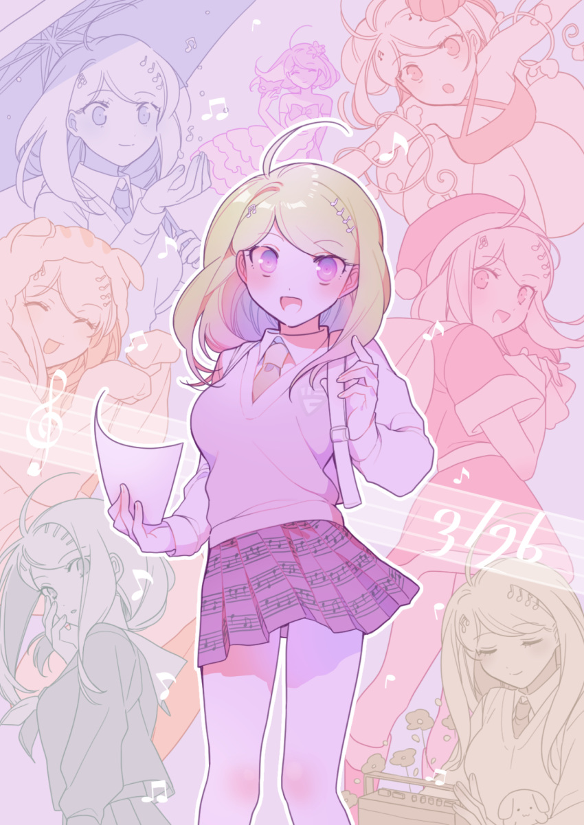 1girl :d ahoge akamatsu_kaede bag bangs blonde_hair blush breasts collar collared_shirt commentary_request dangan_ronpa eighth_note eyebrows_visible_through_hair hair_ornament highres holding long_hair long_sleeves looking_at_viewer multiple_views musical_note musical_note_hair_ornament necktie new_dangan_ronpa_v3 open_mouth pleated_skirt school_uniform shirt simple_background skirt smile standing sweater_vest violet_eyes zang_li
