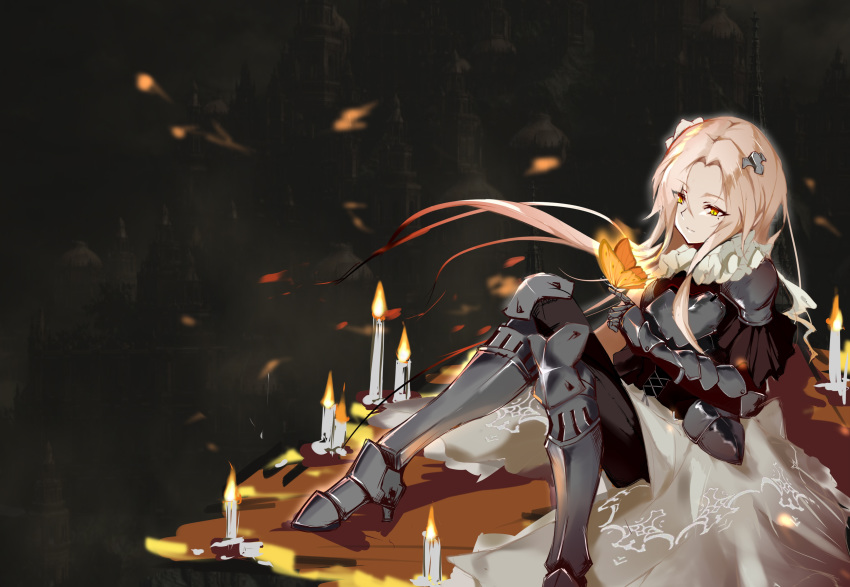 1girl absurdres armor armored_dress aug_(girls_frontline) blonde_hair bug butterfly closed_mouth eyebrows_visible_through_hair flower gauntlets girls_frontline hair_flower hair_ornament highres insect long_hair looking_down mole mole_under_eye plate_armor priest77 simple_background sitting solo yellow_eyes