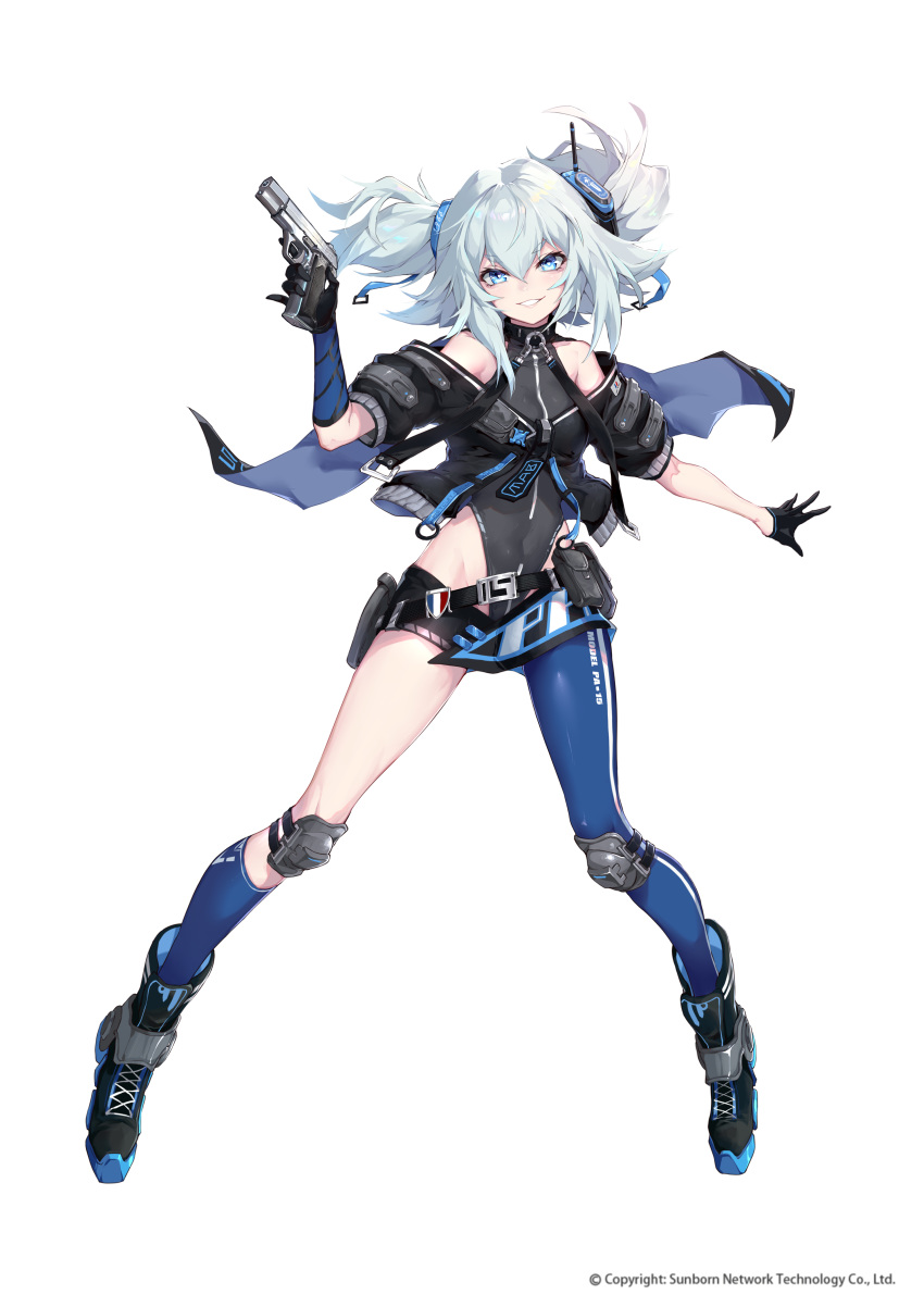 1girl absurdres asymmetrical_legwear bangs bare_shoulders black_gloves blue_eyes blue_hair blue_legwear boots breasts capelet clothes_writing cropped_jacket floating_hair full_body girls_frontline gloves grey_jacket grey_leotard grin gun hair_between_eyes hair_ornament handgun headgear highres holding holding_gun holding_weapon holster jacket knee_pads leotard mab_pa-15 miniskirt off_shoulder official_art pa-15_(girls_frontline) pistol shanyao_jiang_tororo sidelocks single_half_glove single_leg_pantyhose single_sock skirt small_breasts smile socks solo standing turtleneck watermark weapon web_address