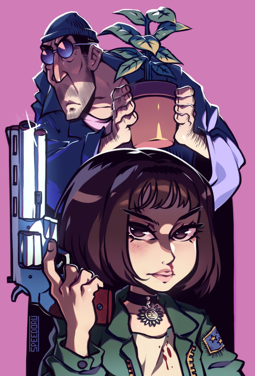 1boy 1girl artist_name beanie black_choker blood bloody_clothes brown_eyes brown_hair choker gun handgun hat highres holding holding_gun holding_weapon leon_(leon_the_professional) leon_the_professional looking_at_viewer mathilda_lando pink_background plant revolver short_hair speedoru sunglasses weapon