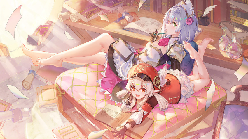 2girls atdan bare_legs barefoot blue_hair book brown_gloves brown_shorts feet feet_up genshin_impact gloves green_eyes highres klee_(genshin_impact) legs maid_dress maid_headdress multiple_girls noelle_(genshin_impact) pen red_eyes red_headwear short_hair shorts silver_hair skirt soles