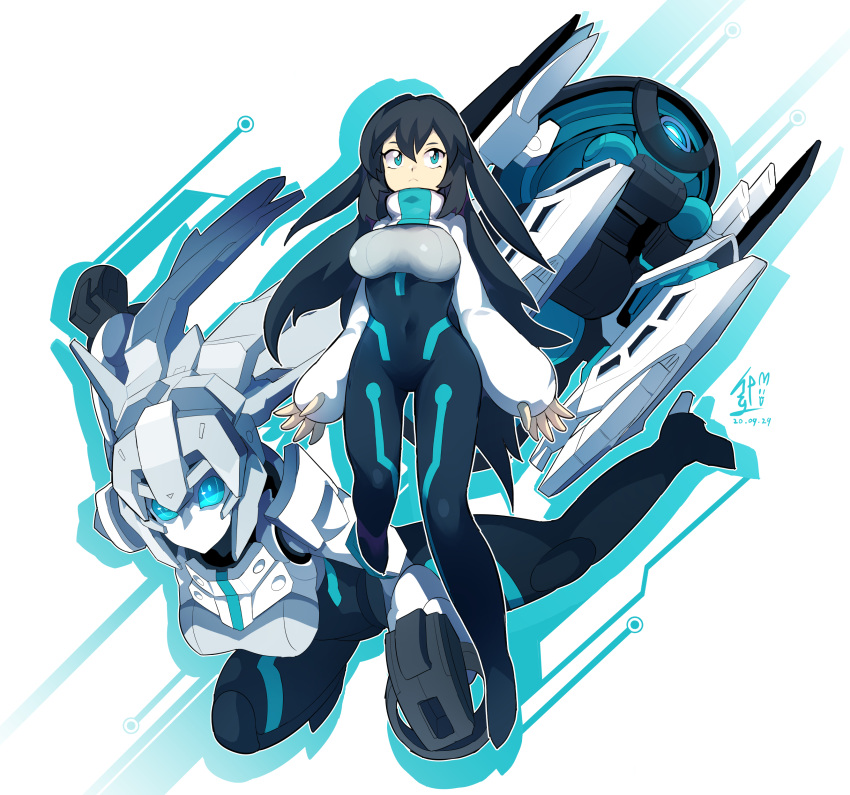 1girl absurdres aqua_eyes black_hair breasts english_commentary floating gundam gundam_build_divers gundam_build_divers_re:rise highres long_hair looking_at_viewer looking_up may_(gundam_build_divers_re:rise) mecha medium_breasts mobile_doll_may rtari shrug_(clothing) very_long_hair wodom_pod