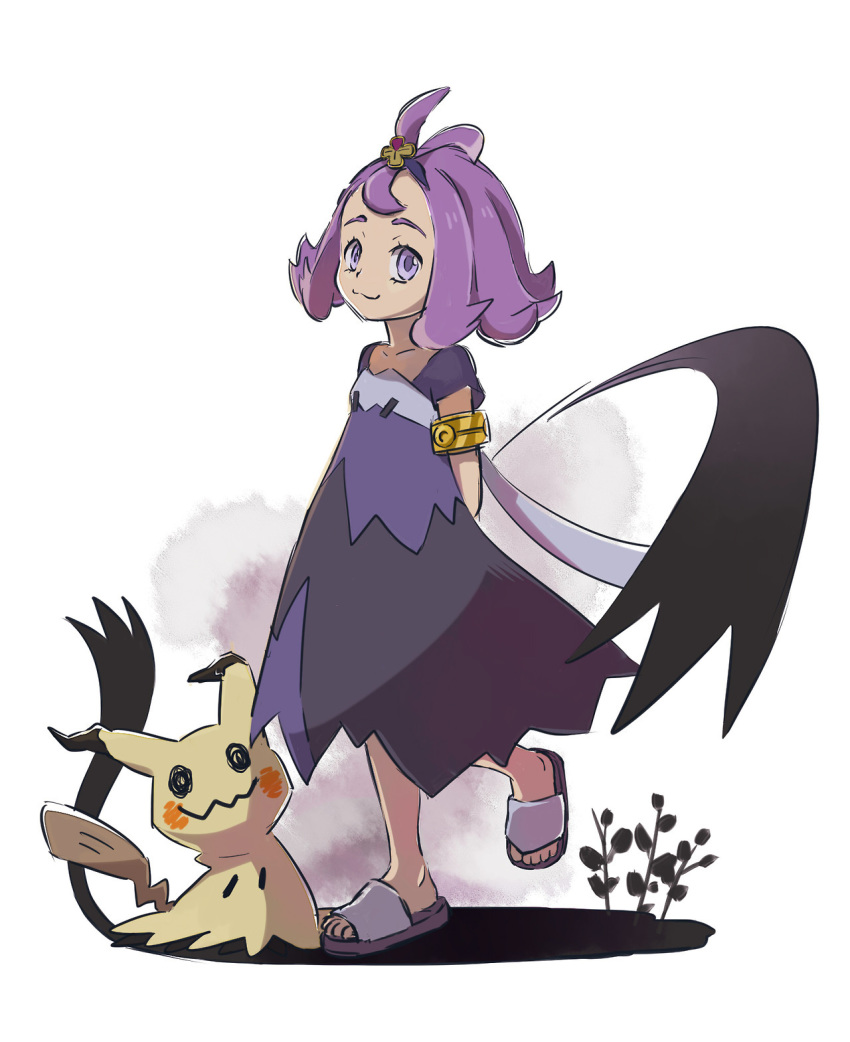 1girl :3 acerola_(pokemon) aono_wo arm_behind_back dress flipped_hair full_body gen_7_pokemon hair_ornament highres leg_up looking_at_viewer mimikyu pokemon pokemon_(game) pokemon_sm purple_dress purple_hair sandals short_sleeves violet_eyes