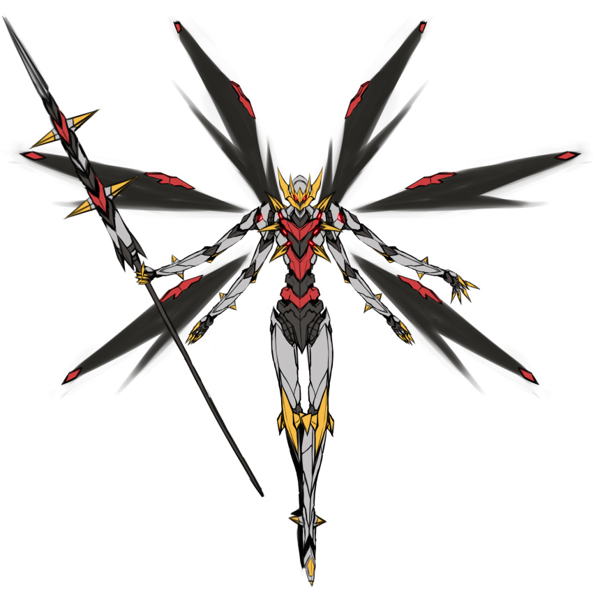 crossover english_commentary eva_13 evangelion:_3.0_you_can_(not)_redo extra_arms extra_eyes floating fusion gen_4_pokemon giratina highres holding holding_spear holding_weapon legendary_pokemon mecha mechanical_wings neon_genesis_evangelion no_humans pinguinkotak pokemon pokemon_(game) pokemon_dppt polearm rebuild_of_evangelion red_eyes solo spear weapon white_background wings