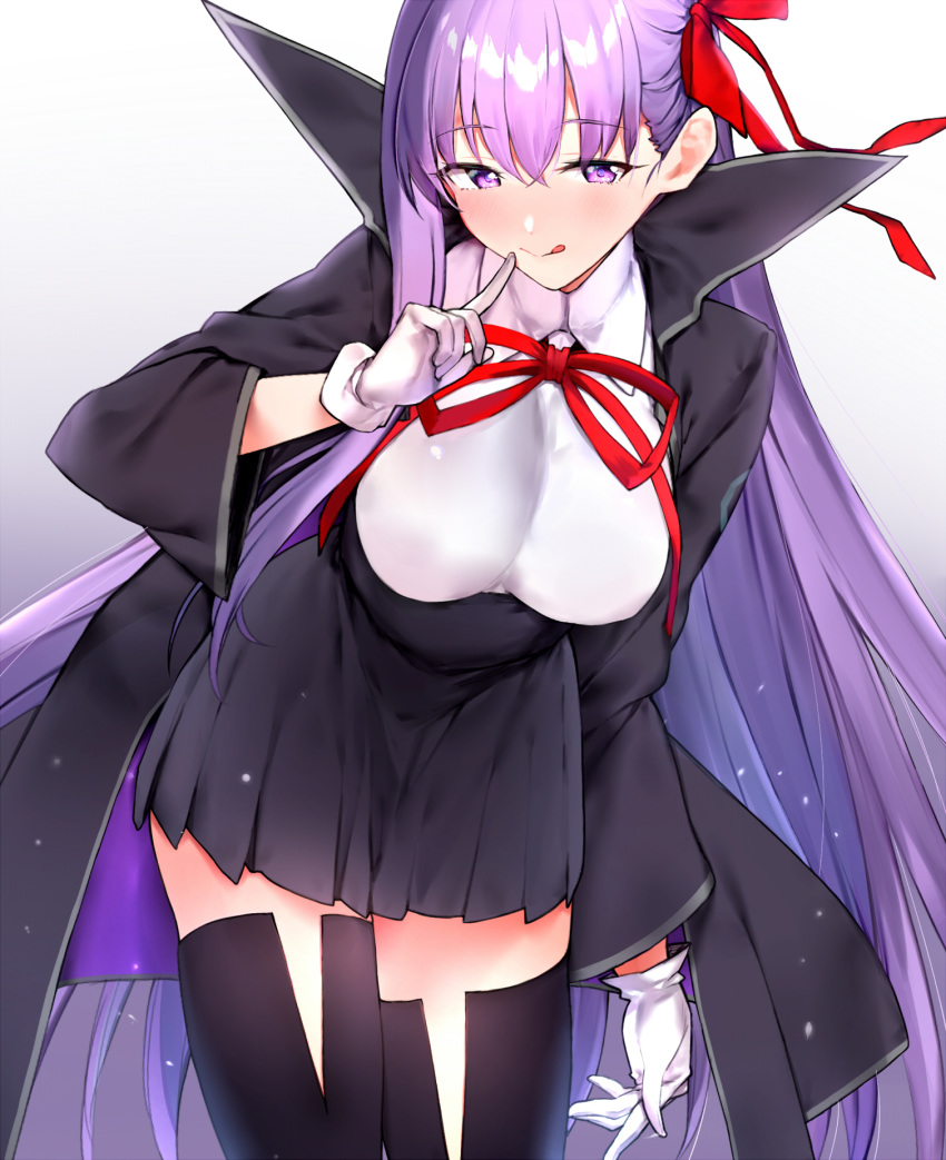 1girl bangs bb_(fate)_(all) bb_(fate/extra_ccc) black_coat black_legwear black_skirt blush breasts closed_mouth coat fate/extra fate/extra_ccc fate_(series) gloves hair_ribbon high-waist_skirt highres index_finger_raised large_breasts leaning_forward leotard licking_lips long_hair long_sleeves looking_at_viewer neck_ribbon open_clothes open_coat popped_collar purple_hair red_ribbon remora180 ribbon skirt smile thighs tongue tongue_out very_long_hair violet_eyes white_gloves white_leotard wide_sleeves