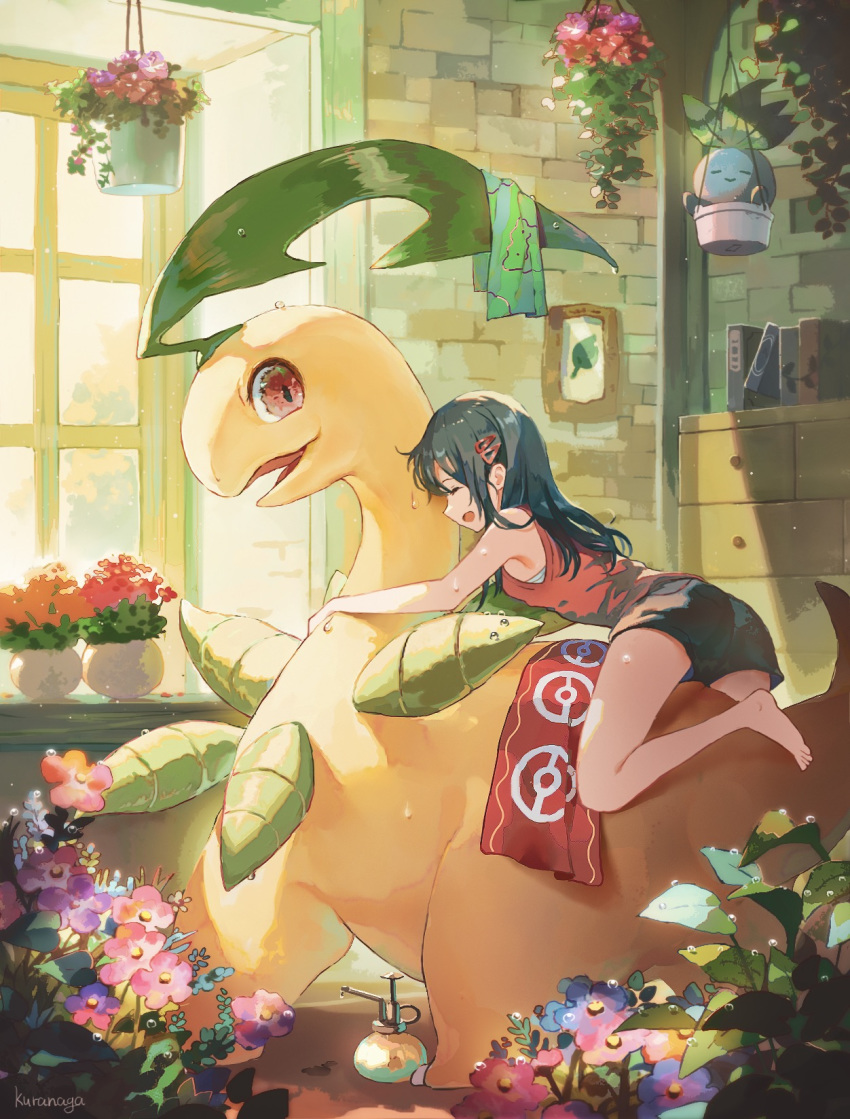 1girl barefoot bayleef book bottle closed_eyes day drawer eyelashes flower gen_1_pokemon gen_2_pokemon green_towel hair_ornament hairclip highres indoors long_hair looking_back nagakura_(seven_walkers) oddish open_mouth pink_flower plant pokemon pokemon_(creature) potted_plant red_towel riding_pokemon shorts sitting standing toes towel wet window