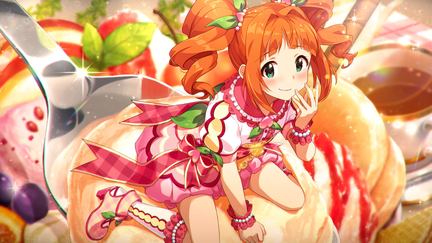 blush dress green_eyes idolmaster_million_live!_theater_days long_hair orange_hair smile sweets takatsuki_yayoi twintails