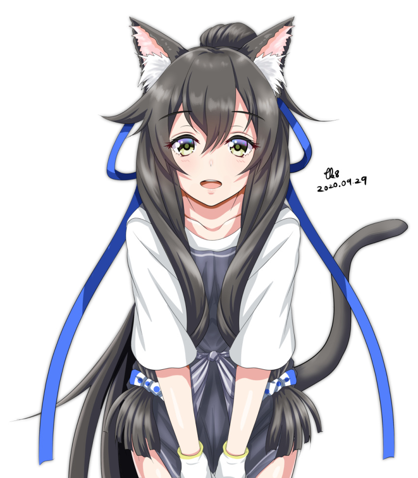 1girl animal_ear_fluff animal_ears apron black_apron black_hair cat_ears cat_tail commentary_request cowboy_shot dated hair_ribbon highres i-47_(kantai_collection) kantai_collection leaning_forward long_hair looking_at_viewer low-tied_long_hair official_alternate_costume ponytail ribbon shirt short_sleeves sidelocks signature simple_background solo standing tail tk8d32 tress_ribbon white_background white_shirt