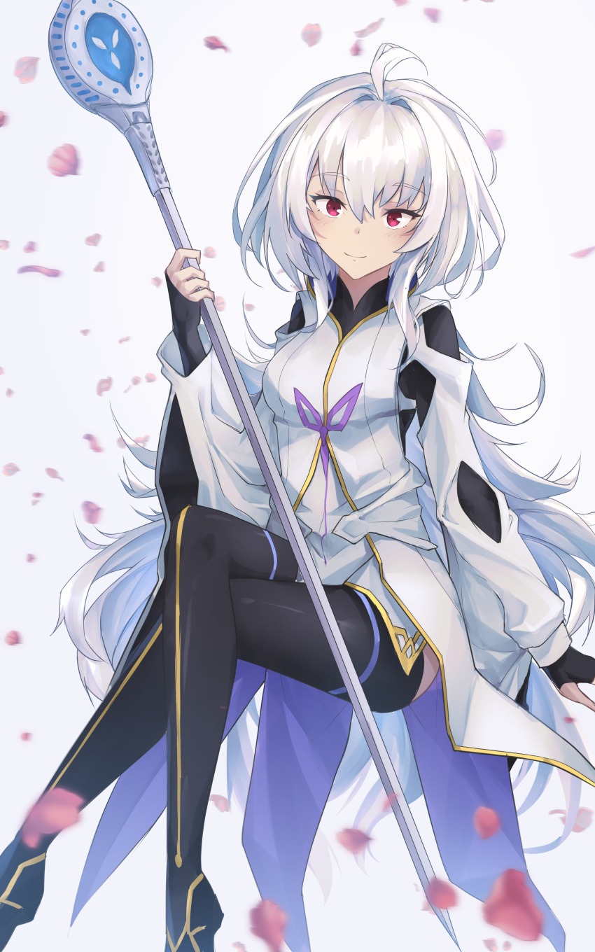 1girl absurdres blush breasts crossed_legs faldues_(gavin_b) fate/grand_order fate_(series) fingerless_gloves gloves hair_between_eyes highres long_hair looking_at_viewer merlin_(fate/prototype) petals red_eyes rose_petals small_breasts solo staff thigh-highs white_background white_hair