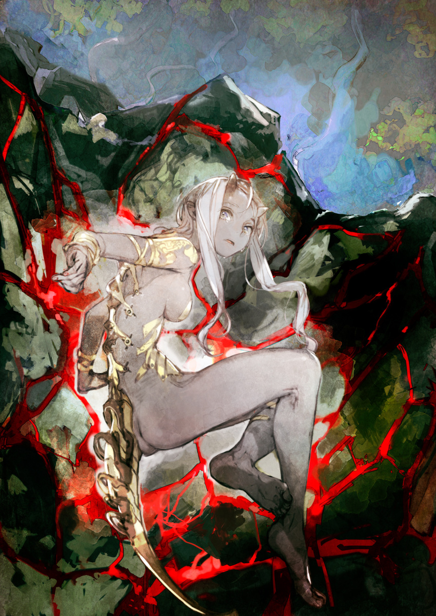 1girl ass barefoot bracelet breasts grey_skin highres horns jewelry long_hair looking_at_viewer oni oni_horns open_mouth original pointy_ears revealing_clothes tears toi8 violet_eyes white_hair