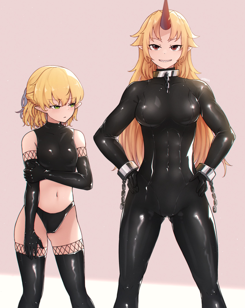 2girls abs absurdres bare_shoulders black_bodysuit blonde_hair bodysuit breasts chain collar collarbone commentary_request covered_navel cuffs eyebrows_visible_through_hair gloves green_eyes grin hands_on_hips height_difference highres horns hoshiguma_yuugi impossible_bodysuit impossible_clothes large_breasts latex latex_bodysuit latex_gloves latex_legwear latex_panties latex_top long_hair looking_at_another looking_at_viewer metal_collar midriff mizuhashi_parsee multiple_girls panties pointy_ears red_eyes senzaicha_kasukadoki shackles shiny shiny_clothes single_horn small_breasts smile toned touhou underwear