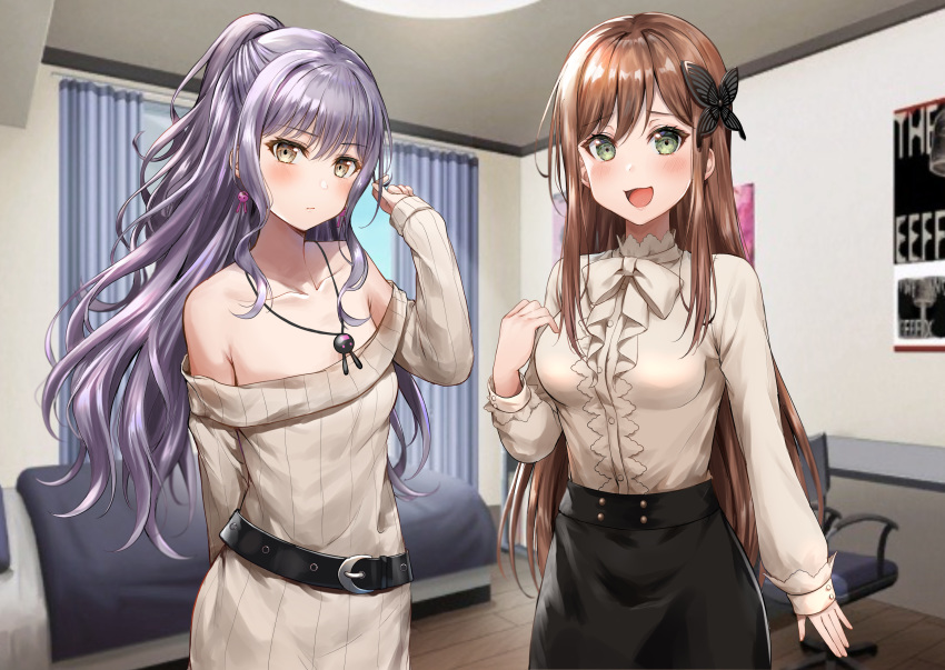 2girls :d absurdres alternate_hairstyle arm_at_side bang_dream! bangs bare_shoulders belt black_skirt blush brown_eyes brown_hair bunny_earrings butterfly_hair_ornament collarbone cosplay costume_switch curtains dress earrings green_eyes grey_hair hair_ornament half_updo hand_on_own_chest highres imai_lisa imai_lisa_(cosplay) indoors jewelry long_hair long_sleeves looking_at_viewer mia_(fai1510) minato_yukina minato_yukina_(cosplay) multiple_girls neck_ribbon off-shoulder_sweater off_shoulder open_mouth pendant playing_with_own_hair ribbed_sweater ribbon shirt sidelocks silver_hair skirt smile sweater sweater_dress swivel_chair white_neckwear white_shirt