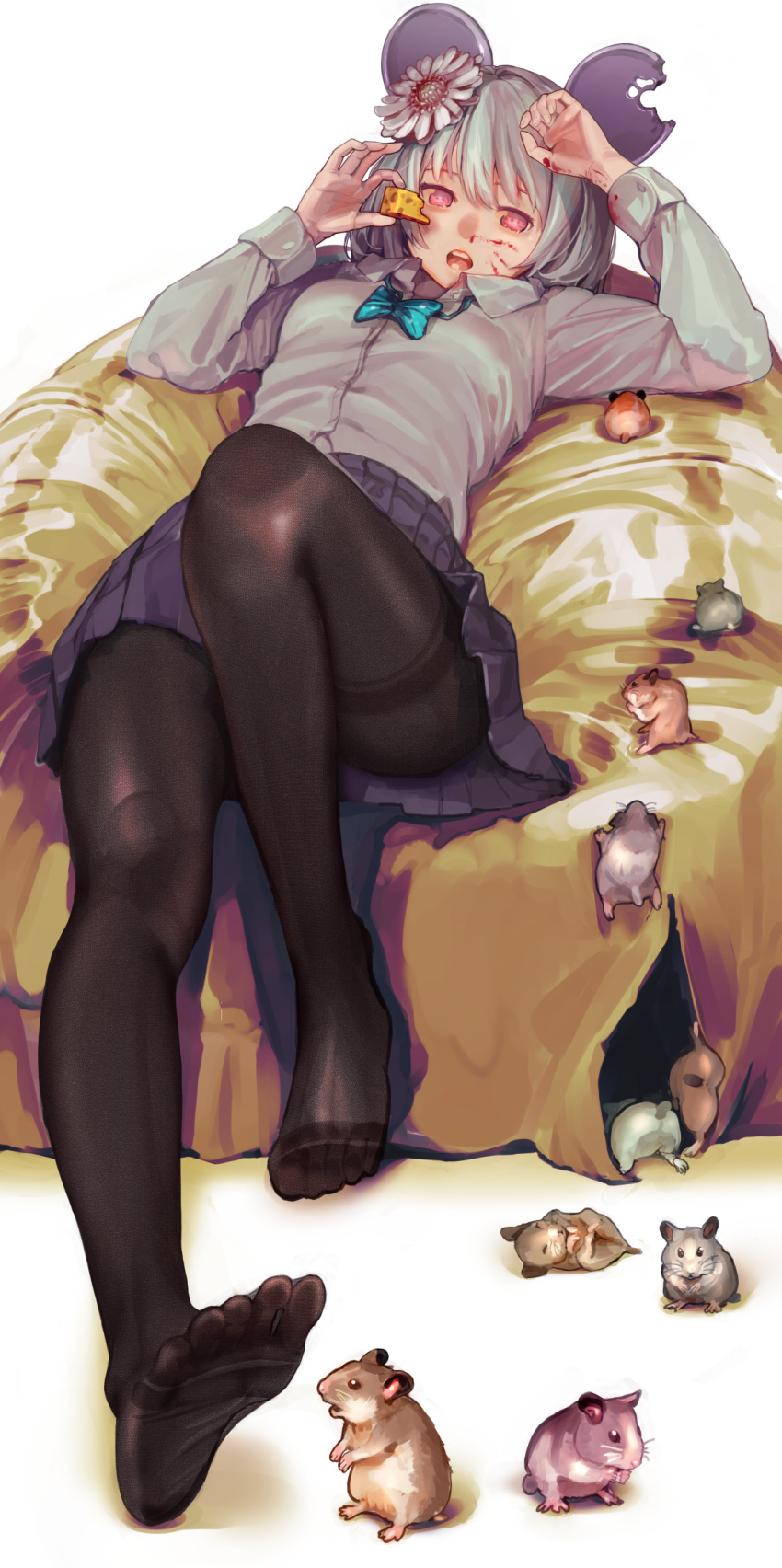 1girl animal_ears ass bed black_legwear blood cheese eating feet food grey_hair highres iatear long_sleeves looking_at_viewer lying miniskirt mouse mouse_ears no_shoes nosebleed on_back on_bed original pantyhose red_eyes school_uniform short_hair skirt soles solo toes
