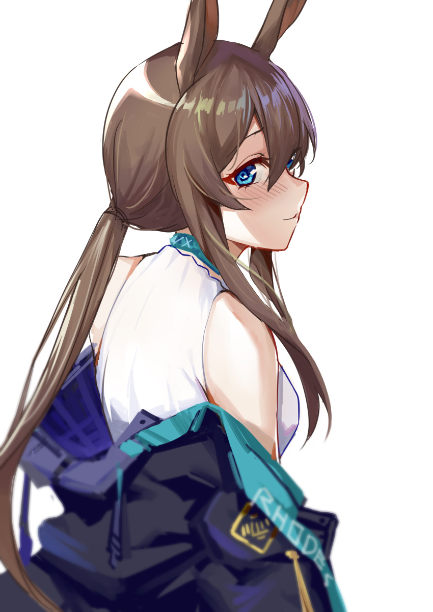 1girl absurdres amiya_(arknights) animal_ears arknights bangs black_jacket blue_eyes blush breasts brown_hair chinese_commentary commentary_request highres hongbaise_raw jacket jewelry long_hair looking_at_viewer medium_breasts neck_ring off_shoulder rabbit_ears shirt sidelocks simple_background sleeveless sleeveless_shirt solo upper_body white_background white_shirt