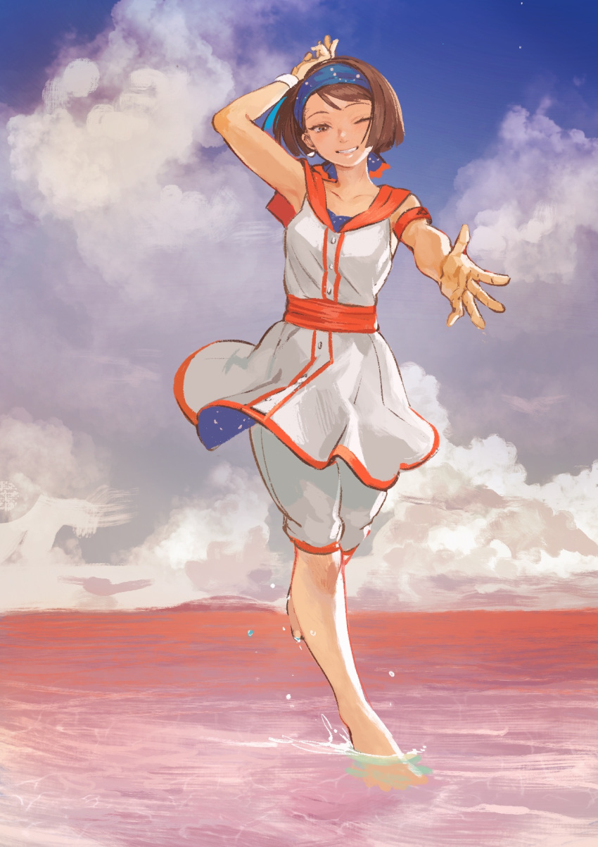 1girl akaneko_(redakanekocat) arm_up armband barefoot blue_headband brown_eyes brown_hair clouds day headband highres looking_at_viewer one_eye_closed outstretched_hand pixiv_fantasia pixiv_fantasia_last_saga rudia_of_the_moon_smile short_hair skirt sleeveless white_skirt white_wristband wristband