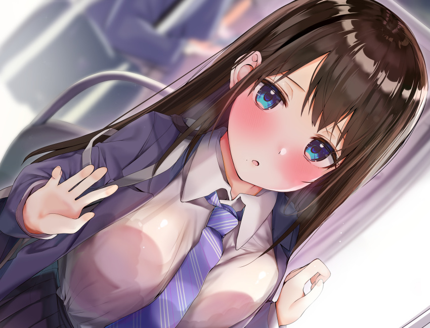 1girl :o absurdres bangs black_bra black_skirt blue_eyes blue_jacket blue_neckwear blurry blurry_background blush bra bra_through_clothes brown_hair collared_shirt dutch_angle highres jacket looking_at_viewer necktie non-web_source open_mouth original pleated_skirt rouka_(akatyann) school_uniform shirt skirt solo standing striped striped_neckwear train_interior underwear white_shirt