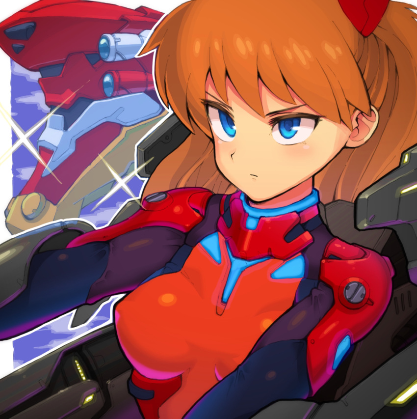 1girl bangs blue_eyes blush breasts brown_hair eva_02 long_hair medium_breasts neon_genesis_evangelion outline solo souryuu_asuka_langley sparkle upper_body user_dztv3345 white_outline