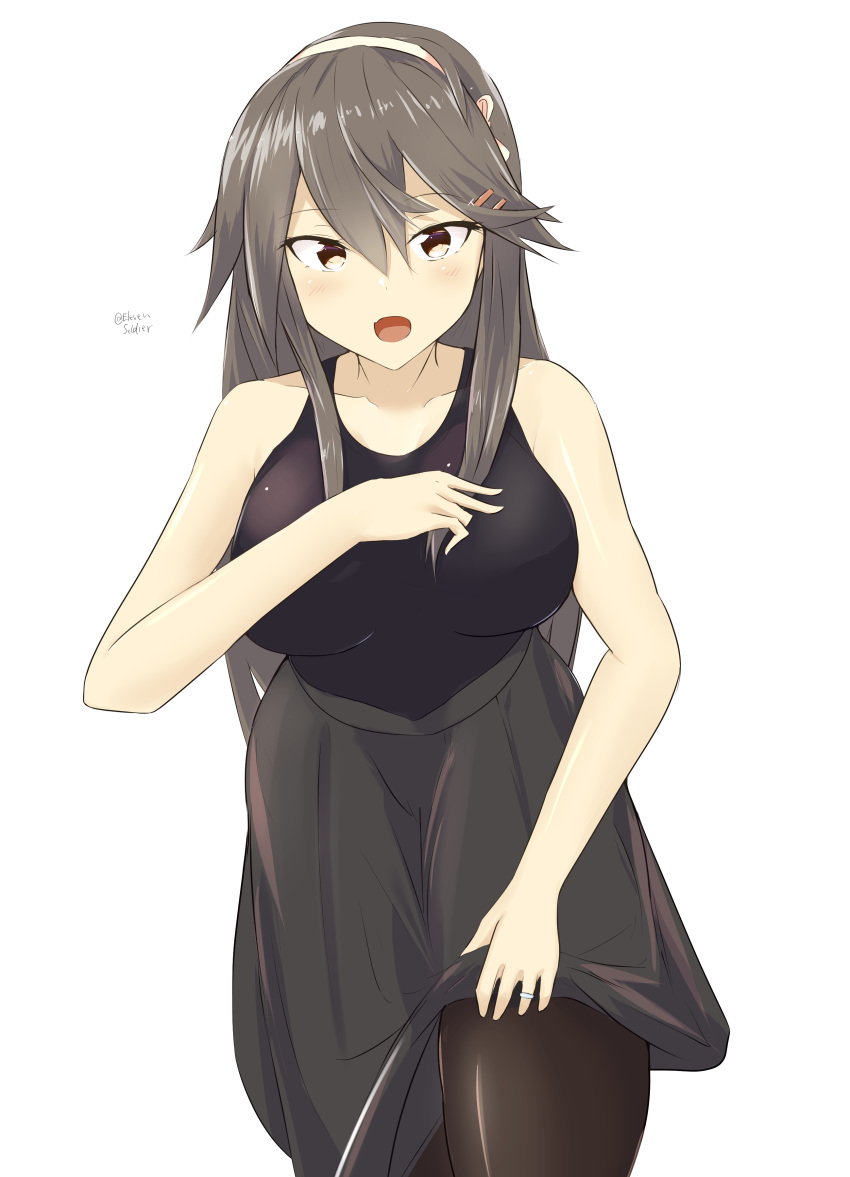 absurdres alternate_costume bare_shoulders black_legwear black_shirt breasts brown_eyes cowboy_shot grey_hair grey_skirt hair_between_eyes hair_ornament hairband hairclip hand_on_own_chest haruna_(kantai_collection) highres jewelry kantai_collection large_breasts lifted_by_self long_hair long_skirt official_alternate_costume pantyhose ring shirt simple_background skirt skirt_lift sleeveless sleeveless_shirt soldier11 tsurime twitter_username wedding_band white_background white_hairband