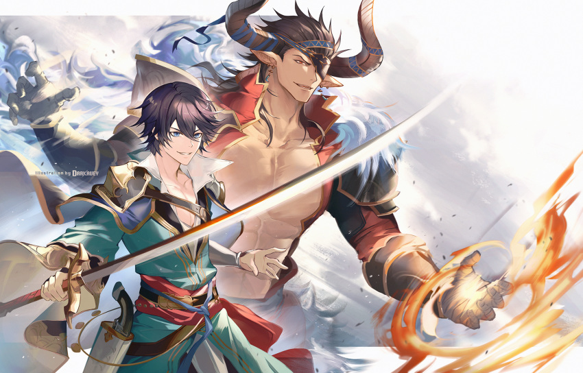 2boys abs armor artist_name bara bishounen black_hair blue_eyes brown_hair cain_(granblue_fantasy) cape character_request chest cowboy_shot darkavey draph earrings eyepatch fighting_stance granblue_fantasy grin gun highres horns jewelry long_hair long_sleeves looking_to_the_side male_focus multiple_boys muscle pointy_ears red_eyes reinhardtzar revealing_clothes shoulder_armor signature smile spaulders sword weapon