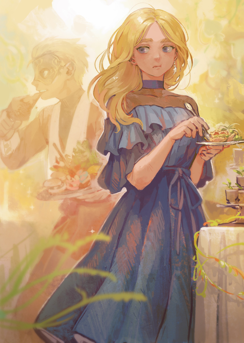 1boy 1girl absurdres akaneko_(redakanekocat) blonde_hair blue_dress blue_eyes blurry_foreground dress eating eldo_(pixiv_fantasia_last_saga) food highres indoors madalena_(pixiv_fantasia_last_saga) mask pixiv_fantasia pixiv_fantasia_last_saga plate spoon table vest