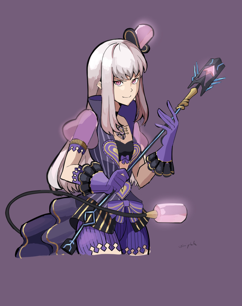 1girl absurdres adapted_weapon black_bra bra chest_jewel cosplay cowboy_shot fire_emblem fire_emblem:_three_houses gloves hat highres holding holding_staff long_hair looking_at_viewer lysithea_von_ordelia mini_hat mini_top_hat open_clothes pandoria_(xenoblade) pandoria_(xenoblade)_(cosplay) pink_eyes puffy_short_sleeves puffy_sleeves purple_background purple_gloves purple_shorts saiykik short_sleeves shorts smile solo staff tail top_hat underwear white_hair xenoblade_chronicles_(series) xenoblade_chronicles_2