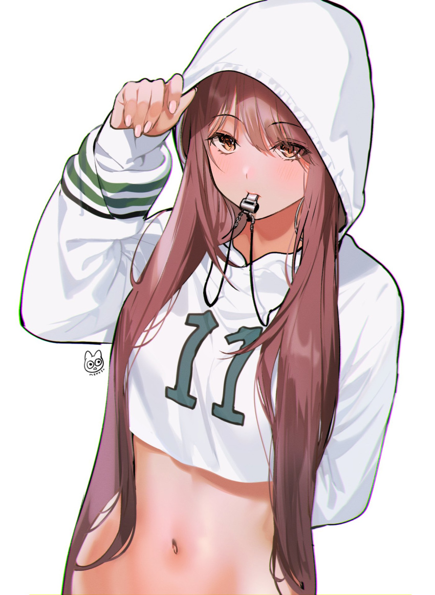 1girl arm_behind_back arm_up brown_hair clothes_writing crop_top highres hood long_hair long_sleeves looking_at_viewer mery_(yangmalgage) midriff mouth_hold navel orange_eyes original simple_background solo stomach upper_body whistle whistle_around_neck white_background white_hoodie