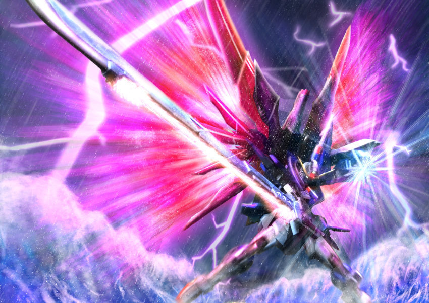 absurdres destiny_gundam energy_sword energy_wings flying glowing glowing_hand green_eyes gundam gundam_seed gundam_seed_destiny highres holding holding_sword holding_weapon huge_filesize looking_down mecha no_humans ocean open_hand propro13 solo sword v-fin weapon