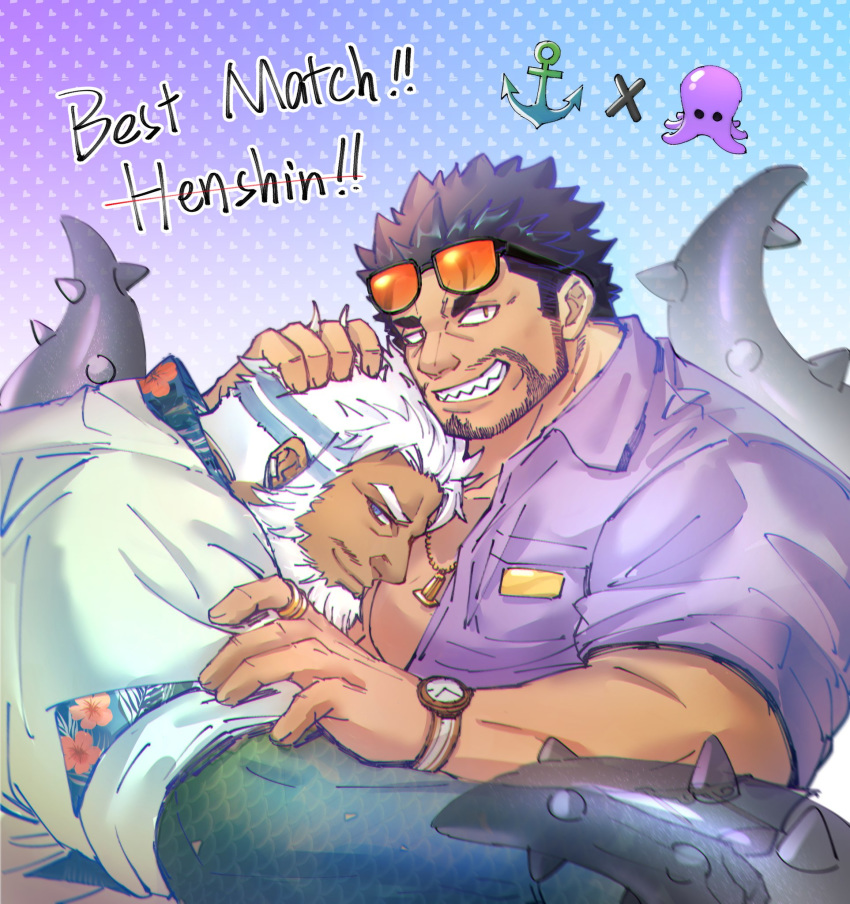 2boys aegir_(tokyo_houkago_summoners) bara bare_chest beard black_hair blue_eyes chest couple dagon_(tokyo_houkago_summoners) dark_skin dark_skinned_male facial_hair fins highres ina_zuma jewelry male_focus manly multiple_boys muscle pectoral_pillow short_hair single_earring smile stubble tokyo_houkago_summoners white_hair yaoi