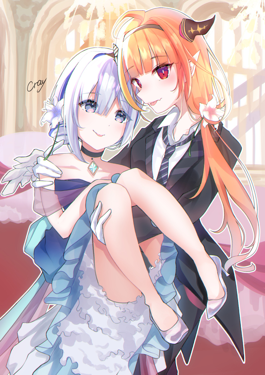 2girls absurdres amane_kanata angel_wings artist_name bangs bare_shoulders black_jacket blue_dress blue_eyes blunt_bangs blush carrying choker collared_shirt commentary_request cray dragon_girl dragon_horns dress eyebrows_visible_through_hair flower flower_request gloves hair_between_eyes high_heels highres hololive horns indoors jacket kiryuu_coco long_hair looking_at_viewer multiple_girls necktie orange_hair princess_carry red_eyes shirt short_hair sidelocks silver_hair sleeveless sleeveless_dress strapless strapless_dress tongue tongue_out tuxedo virtual_youtuber white_gloves white_shirt wings yuri