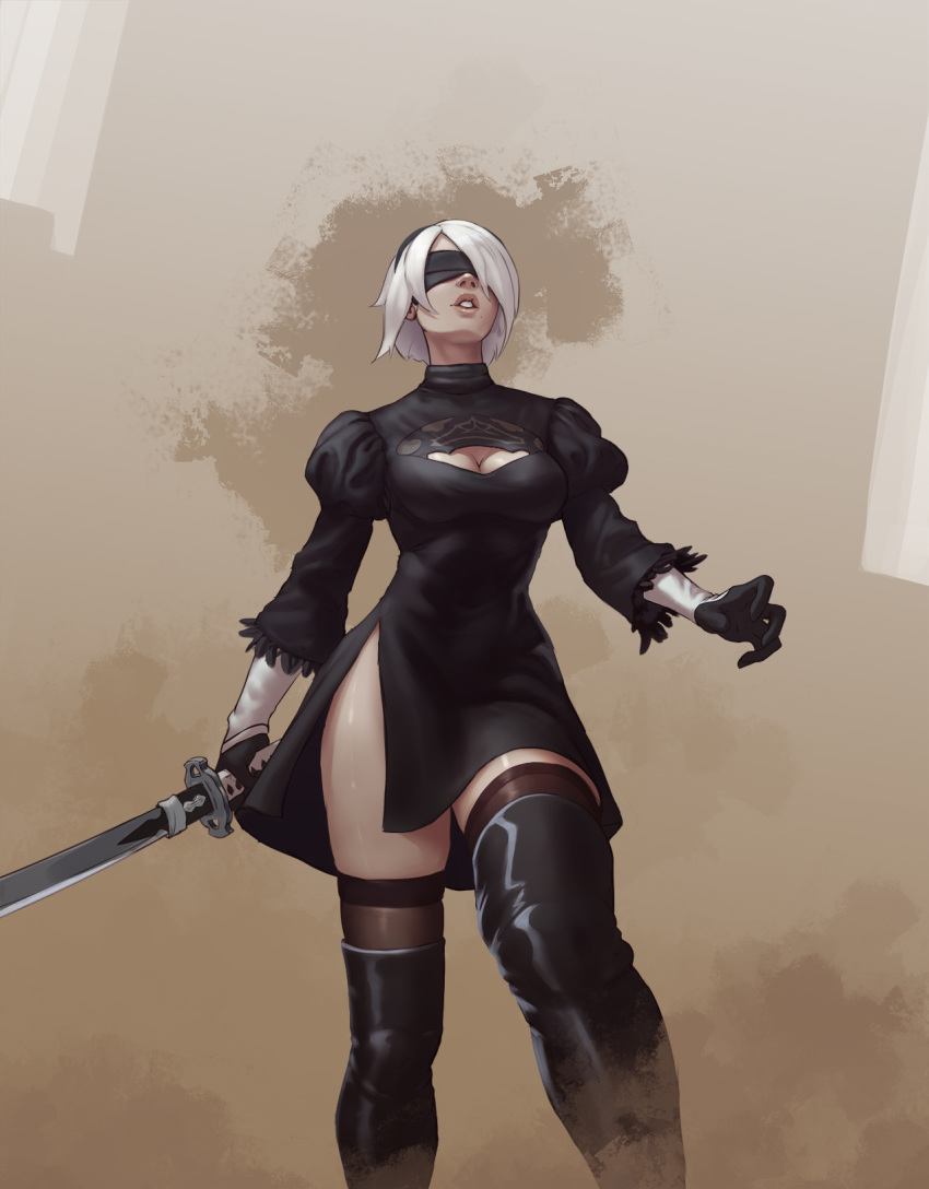 1girl black_blindfold black_dress black_hairband black_legwear blindfold breasts cleavage_cutout clothing_cutout dress feather-trimmed_sleeves feather_trim gloves hairband highres holding holding_sword holding_weapon juliet_sleeves katana lips long_sleeves medium_breasts nanodeath nier_(series) nier_automata puffy_sleeves short_hair silver_hair solo sword thigh-highs thighhighs_under_boots weapon yorha_no._2_type_b