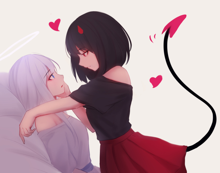 2girls angel_and_devil bangs bare_shoulders black_hair black_shirt blue_eyes closed_mouth demon_girl demon_tail dress eye_contact halo hand_on_another's_cheek hand_on_another's_face heart highres horns long_hair looking_at_another medium_hair multiple_girls off-shoulder_shirt off_shoulder original parted_lips profile red_skirt shimmer shirt shirt_tucked_in short_sleeves skirt tail tail_raised white_dress yuri