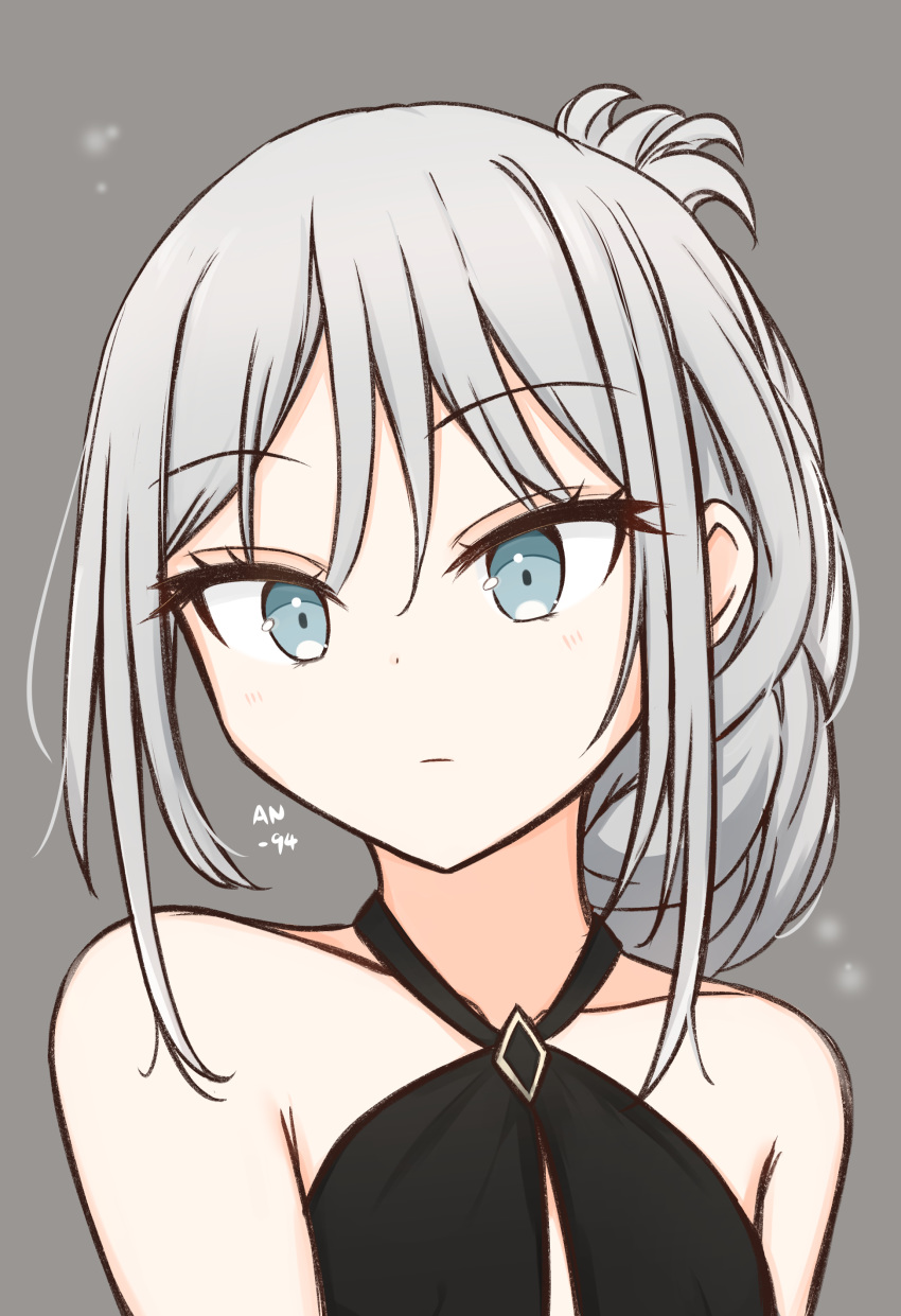 1girl absurdres an-94_(girls_frontline) aqua_eyes artist_name bare_shoulders black_dress closed_mouth dress eyebrows_visible_through_hair girls_frontline grey_background hair_ornament highres long_hair looking_at_viewer platinum_blonde_hair risshu solo_focus