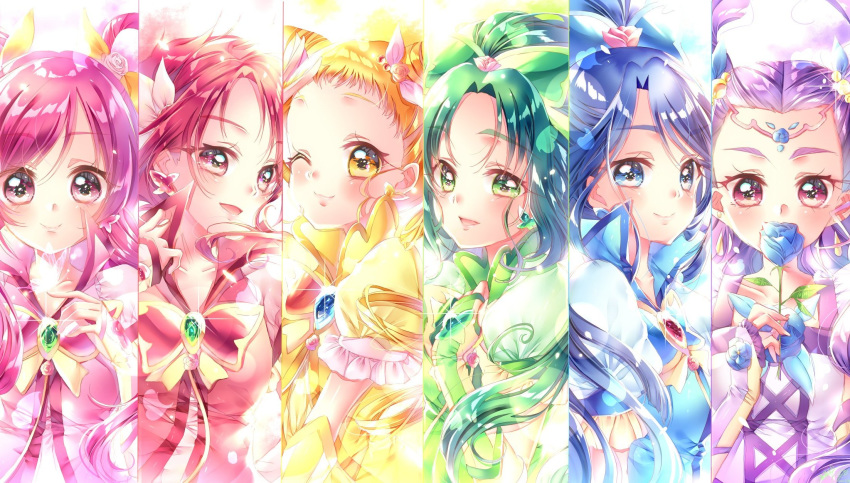 6+girls akimoto_komachi blue_flower blue_rose bug butterfly cure_aqua cure_dream cure_lemonade cure_mint cure_rouge everyone eyebrows_visible_through_hair flower hair_ornament highres insect kasugano_urara_(yes!_precure_5) looking_at_viewer milk_(yes!_precure_5) milky_rose mimino_kurumi minazuki_karen multiple_girls natsuki_rin precure rose smile touki_matsuri white_background yes!_precure_5 yes!_precure_5_gogo! yumehara_nozomi