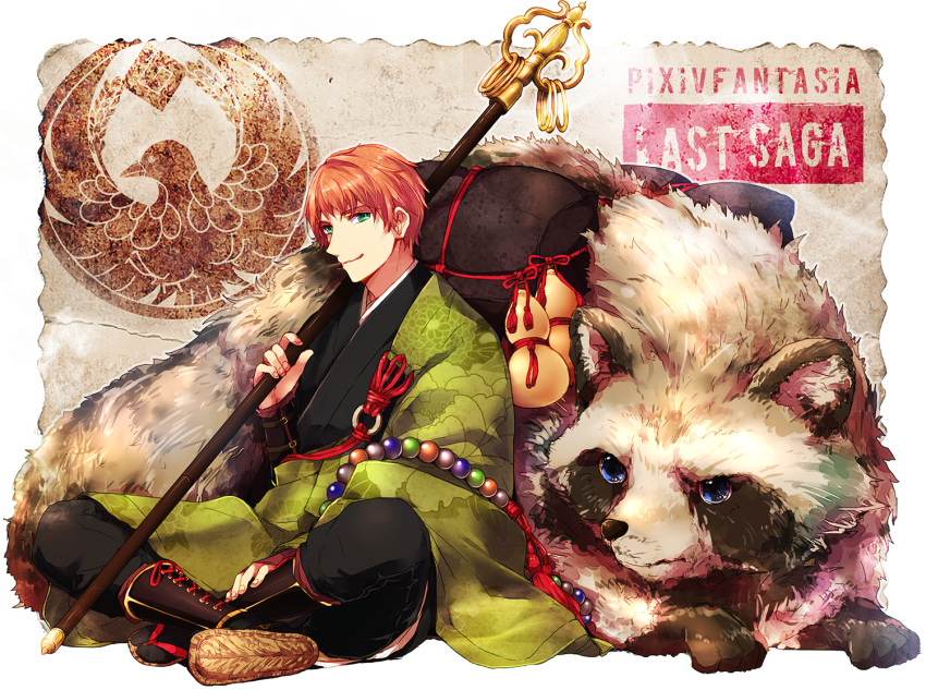 1boy animal black_footwear boots copyright_name crossed_ankles green_eyes green_kimono japanese_clothes kimono male_focus momiage monk o-ring orange_hair pixiv_fantasia pixiv_fantasia_last_saga print_kimono sitting smile staff tanuki urushihara_gido