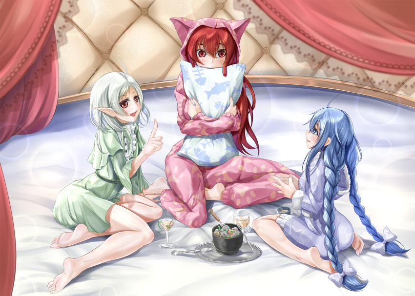 3girls ahoge barefoot bed blue_eyes blue_hair bow braid capri_pants cocktail_glass cup drinking_glass elf eris_greyrat food fork hair_ribbon highres long_hair long_sleeves multiple_girls mushoku_tensei nightgown object_hug on_bed open_mouth pajamas pants pillow pillow_hug pointy_ears red_eyes redhead ribbon roxy_migurdia short_hair sitting sitting_on_bed sleepwear sylphiette_(mushoku_tensei) touke tray twin_braids very_long_hair white_hair