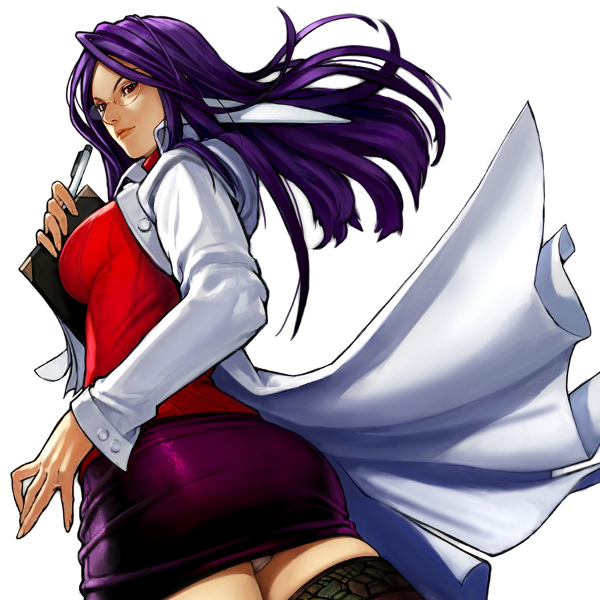 1girl brown_legwear clipboard glasses highres holding holding_clipboard holding_pen kim_sung_hwan labcoat long_hair looking_back minazuki_kyouko miniskirt panties pantyshot pen purple_hair purple_skirt red_sweater ribbed_sweater rival_schools simple_background skirt solo sweater thigh-highs turtleneck turtleneck_sweater underwear violet_eyes white_background