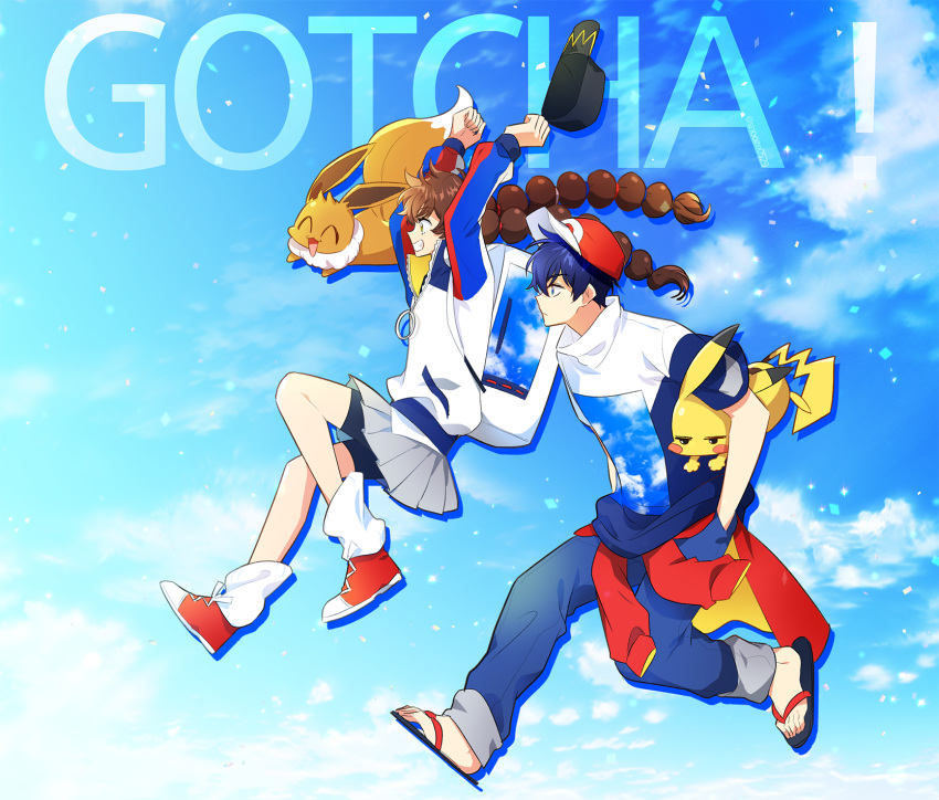 1boy 1girl arms_up baggy_pants baseball_cap bike_shorts blue_hair brown_hair closed_mouth commentary copyright_name eevee gaedo gen_1_pokemon gotcha! gotcha!_boy_(pokemon) gotcha!_girl_(pokemon) grey_skirt hand_in_pocket hat headwear_removed highres holding holding_pokemon jacket leg_warmers pants pikachu pleated_skirt pokemon pokemon_(creature) sandals skirt smile teeth tied_hair toes twintails white_legwear zipper